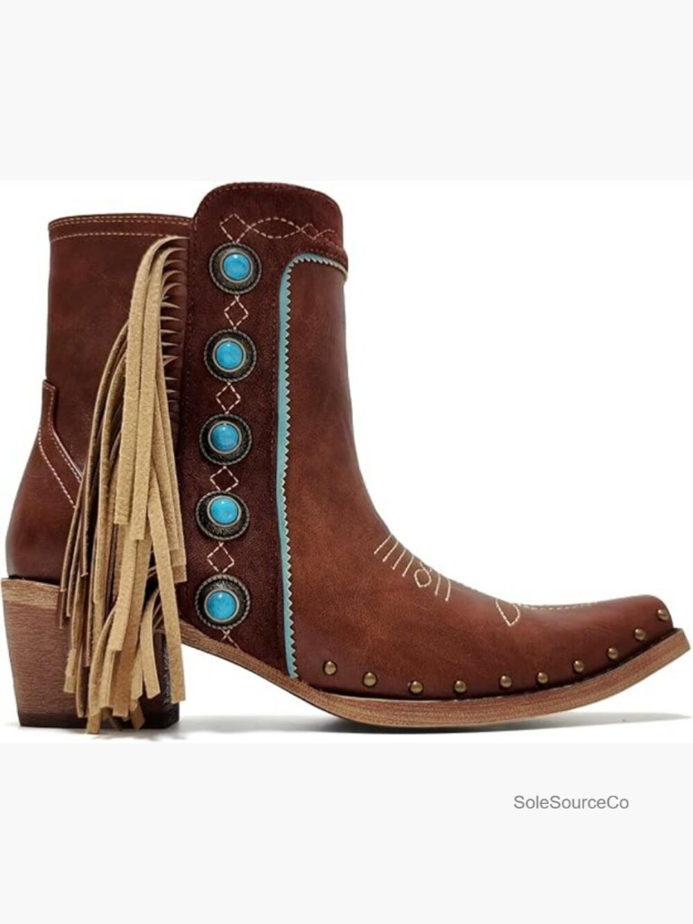 Fringe Studded Cowboy Booties Turquoise Western Ankle Boots with Tassel